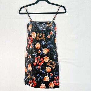 Black Floral Velvet Mini Dress Spaghetti Strap Small Fairy Y2k Party whimsigoth